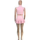 Solid Sleeveless Tank Top Pleated Mini Skirt 2 Piece Sets MEI-9229