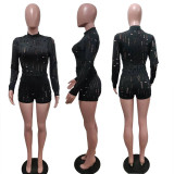 Sexy Hole Hollow Out Long Sleeve 2 Piece Shorts Set LSD-82016