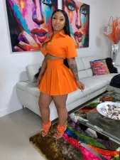 Solid Short Sleeve Pleated Mini Skirt Two Piece Sets HMS-5531