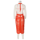 Sexy Knitted Crochet Halter Hollow Out Midi Dress ZSD-Z094