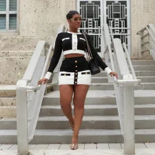 Sexy Patchwork Long Sleeve Mini Skirt 2 Piece Sets MDF-5284