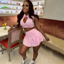 Solid Sleeveless Tank Top Pleated Mini Skirt 2 Piece Sets MEI-9229