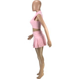 Solid Sleeveless Tank Top Pleated Mini Skirt 2 Piece Sets MEI-9229