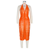 Sexy Knitted Crochet Halter Hollow Out Midi Dress ZSD-Z094