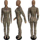 Plaid Long Sleeve Zipper Stacked Jumpsuit BGN-227