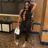 Sexy Mesh Patchwork Hollow Out Sleeveless Jumpsuit NIK-269