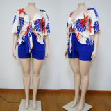 Plus Size Printed Tie-Up Top+Shorts 2 Piece Sets NNWF-7081