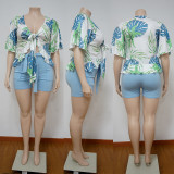 Plus Size Printed Tie-Up Top+Shorts 2 Piece Sets NNWF-7081