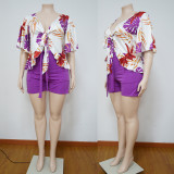 Plus Size Printed Tie-Up Top+Shorts 2 Piece Sets NNWF-7081