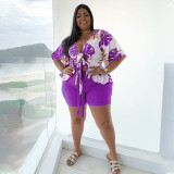 Plus Size Printed Tie-Up Top+Shorts 2 Piece Sets NNWF-7081