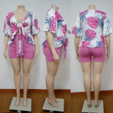 Plus Size Printed Tie-Up Top+Shorts 2 Piece Sets NNWF-7081
