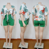 Plus Size Printed Tie-Up Top+Shorts 2 Piece Sets NNWF-7081