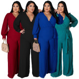 Plus Size Solid V Neck Long Sleeve Sashes Jumpsuit NNWF-7325