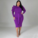 Plus Size Solid Puff Sleeve Sashes Slim Midi Dress NNWF-7370