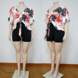 Plus Size Printed Tie-Up Top+Shorts 2 Piece Sets NNWF-7081