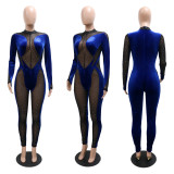 Sexy Hot Drilling Velour Mesh Patchwork Jumpsuit CYA-9538