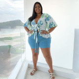 Plus Size Printed Tie-Up Top+Shorts 2 Piece Sets NNWF-7081
