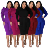 Plus Size Solid Puff Sleeve Sashes Slim Midi Dress NNWF-7370