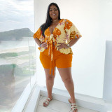 Plus Size Printed Tie-Up Top+Shorts 2 Piece Sets NNWF-7081