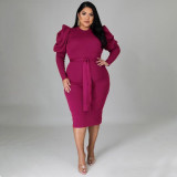 Plus Size Solid Puff Sleeve Sashes Slim Midi Dress NNWF-7370