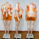 Plus Size Printed Tie-Up Top+Shorts 2 Piece Sets NNWF-7081