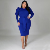 Plus Size Solid Puff Sleeve Sashes Slim Midi Dress NNWF-7370