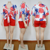 Plus Size Printed Tie-Up Top+Shorts 2 Piece Sets NNWF-7081