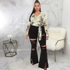 Plus Size Denim Ripped Hole Tassel Flared Jeans HSF-HSF2591
