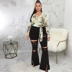 Plus Size Denim Ripped Hole Tassel Flared Jeans HSF-HSF2591