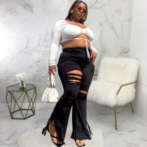 Plus Size Denim Ripped Hole Tassel Flared Jeans HSF-HSF2591