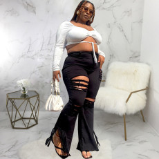 Plus Size Denim Ripped Hole Tassel Flared Jeans HSF-HSF2591