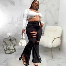 Plus Size Denim Ripped Hole Tassel Flared Jeans HSF-HSF2591