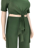 Plus Size Solid Split Top Wide Leg Pants 2 Piece Sets ASL-7070