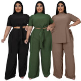Plus Size Solid Split Top Wide Leg Pants 2 Piece Sets ASL-7070