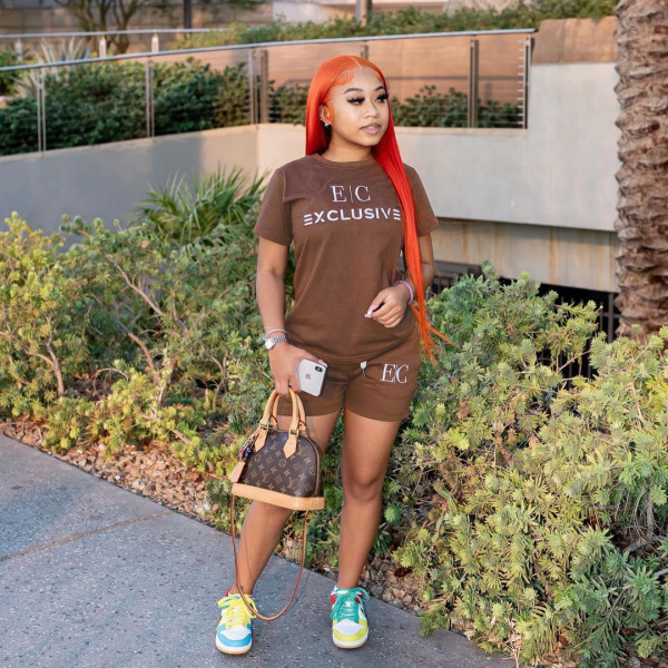 Letter Print T Shirt And Shorts Two Piece Sets MXDF-6075