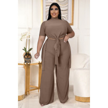 Plus Size Solid Split Top Wide Leg Pants 2 Piece Sets ASL-7070