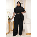 Plus Size Solid Split Top Wide Leg Pants 2 Piece Sets ASL-7070