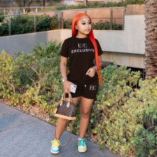 Letter Print T Shirt And Shorts Two Piece Sets MXDF-6075