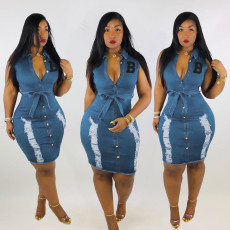 Plus Size Denim Ripped Sleeveless Sashes Bodycon Dress WAF-77420