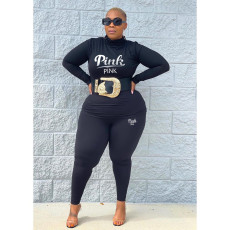 Plus Size Pink Letter Print Long Sleeve 2 Piece Sets YIM-239