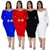 Plus Size Solid V Neck Long Sleeve Midi Dress NNWF-7371