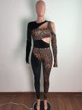 Leopard Patchwork Hollow Out Long Sleeve Jumpsuit OSM-3333