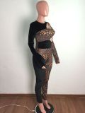 Leopard Patchwork Hollow Out Long Sleeve Jumpsuit OSM-3333