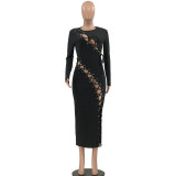 Plus Size Ribbed Hollow Out Bandage Midi Dress OSIF-21432