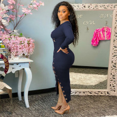 Plus Size Ribbed Hollow Out Bandage Midi Dress OSIF-21432