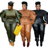 Plus Size Long Sleeve Two Piece Pants Set OSIF-21425