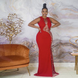 Plus Size Sexy Patchwork Hot Drilling Maxi Evening Dress OSIF-21482