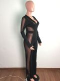 Sexy V Neck Mesh Patchwork Long Sleeve Jumpsuit OSM-3332