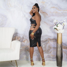 Plus Size PU Leather Hollow Out Split Bodycon Dress OSIF-21481