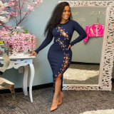 Plus Size Ribbed Hollow Out Bandage Midi Dress OSIF-21432
